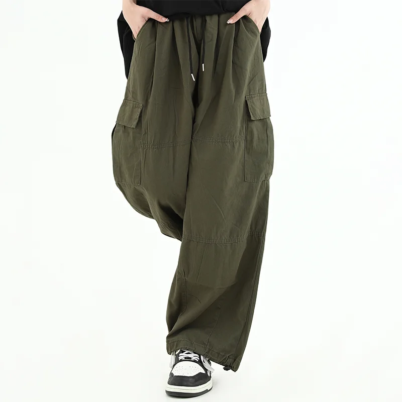 Spring Men Cargo Pants Hip Hop Vintage Wide Leg Straight Regulate Trouser Leg Big Pocket Drawstring Harem Jogging Sport Pants