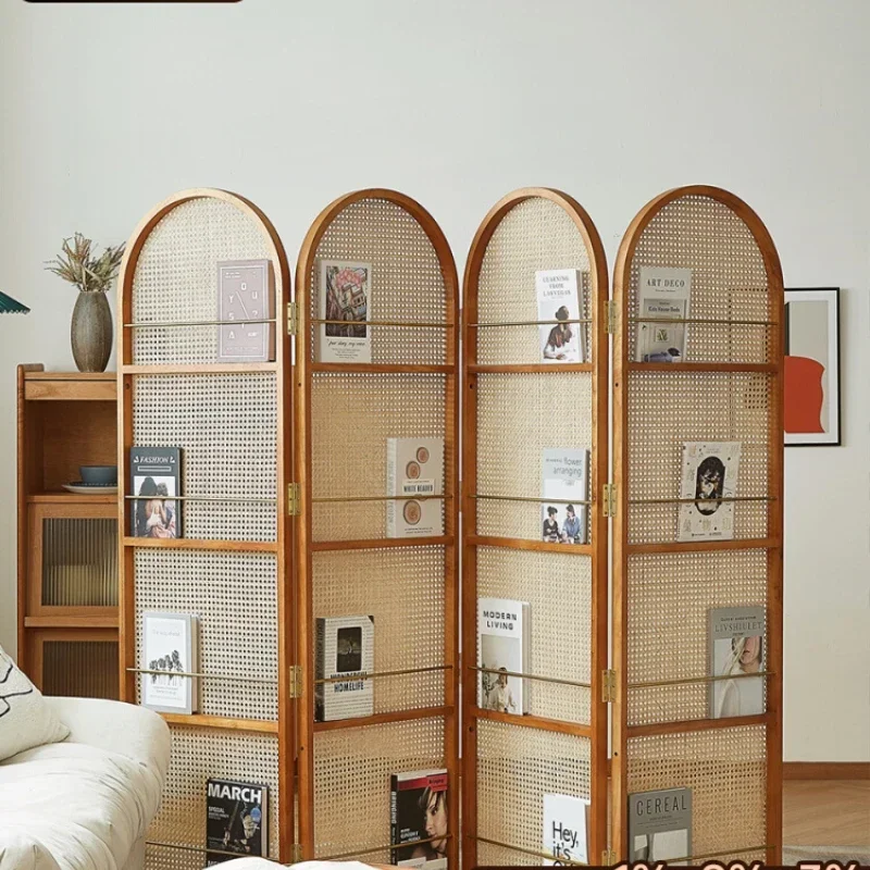 Solid Wood Rattan Subareas Screens Living Room Entrance Covering Foldable Mobile