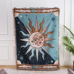 Moon and Sun Throw Blanket Sofa Cover Feature Decorative Tassels Cotton Woven Couch Bed Hippie Throws European Sun God Blankets