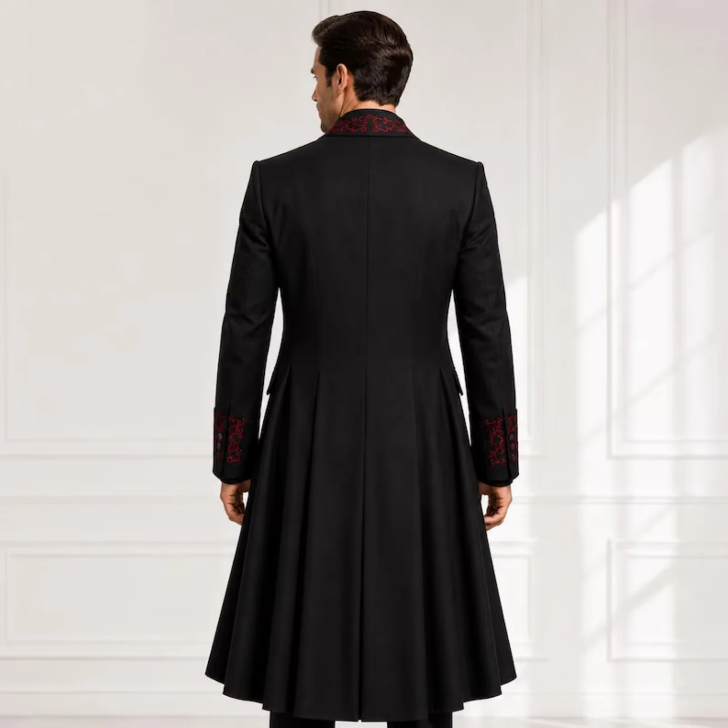 Luxury Black Red Embroidery Men 3 Piece Long Tail Coat Suit Shawl Lapel Slim Fit Tuxedo Vest Pants Wedding Groom Customized