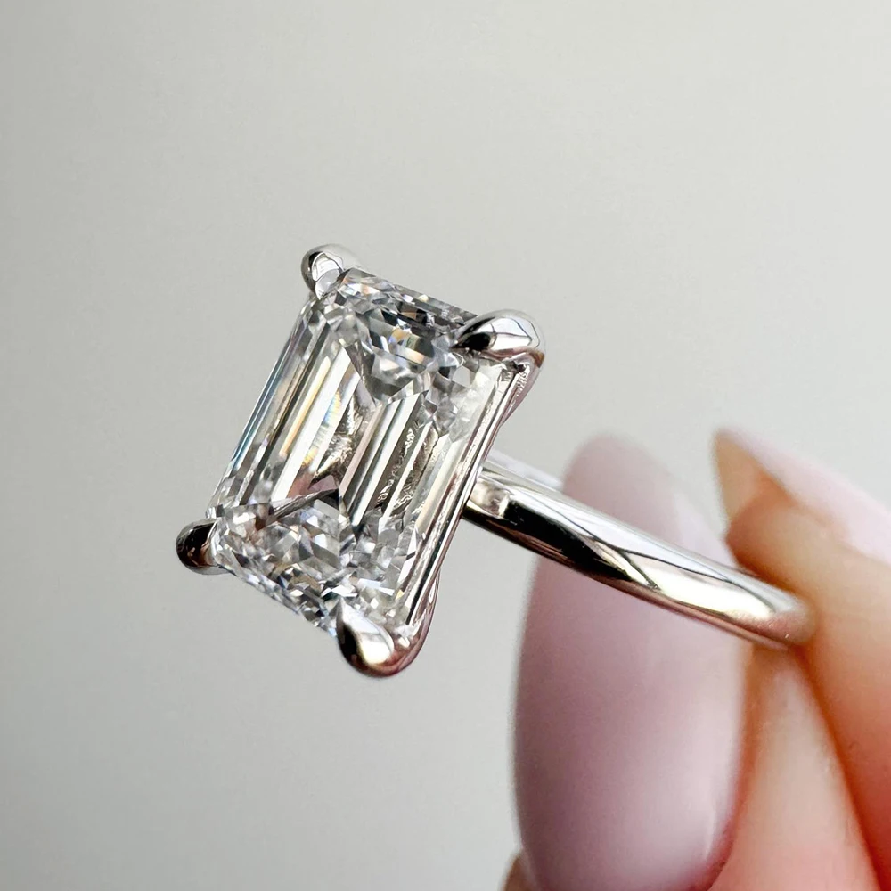 BXINY GRA Certified 4CT Emerald Cut Moissanite Rings S925 Silver for Women Solitaire Rectangle Diamond Wedding Band Gift Jewelry
