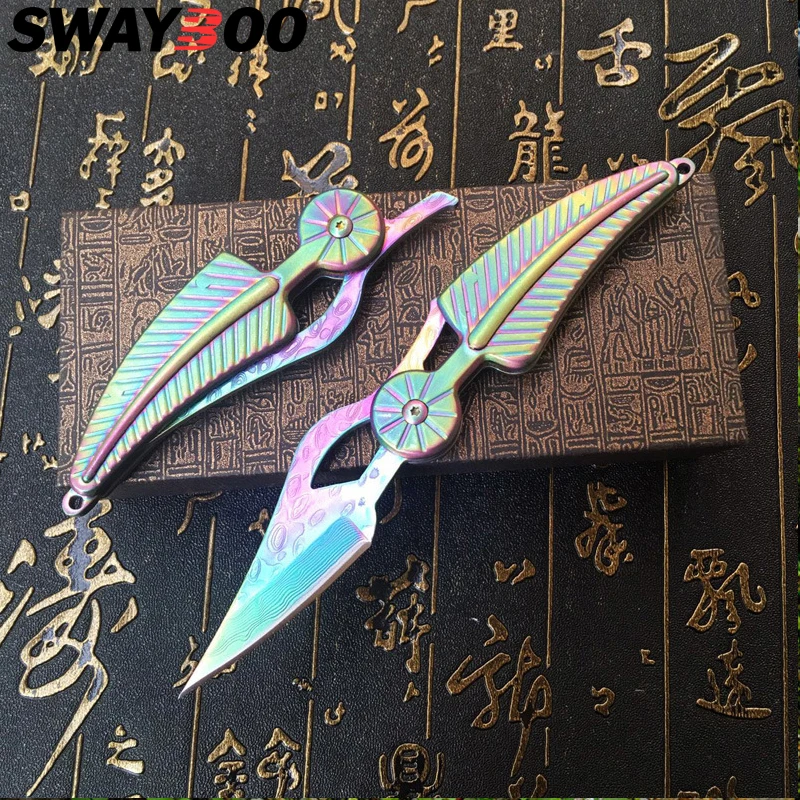 Sharp Knife Damascus Steel Folding Knife Portable Creative Leaf Shape Knife Fade Color Carved  Outdoor Pocket Knife Tactical