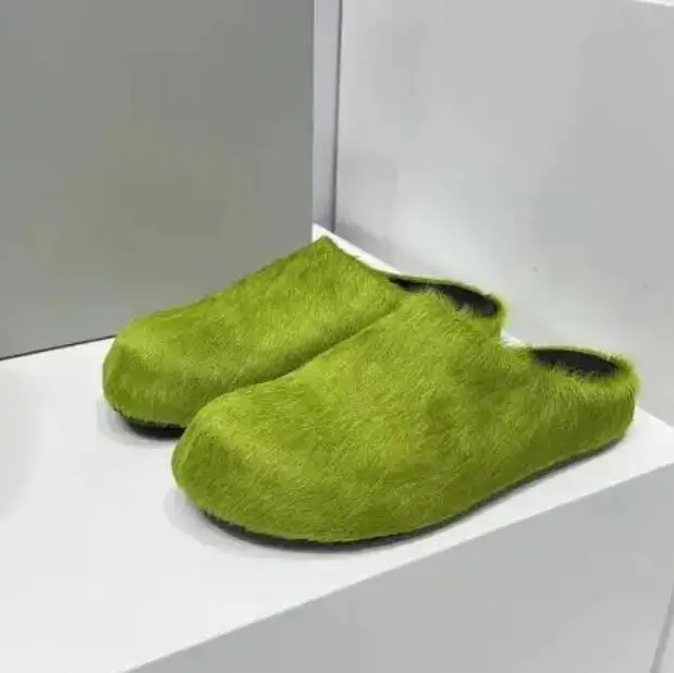 Orange Green Yellow Horsehair Fur Slip On Slippers Round Closed Toe Thick Sole Casual Slide Women Leisure Outdoor Street Shoes