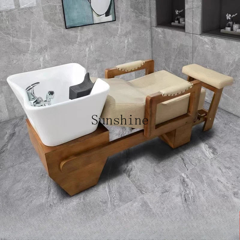 

Hair salon full lying shampoo bed ceramic basin solid wood flushing bed fumigation integrated head treatment