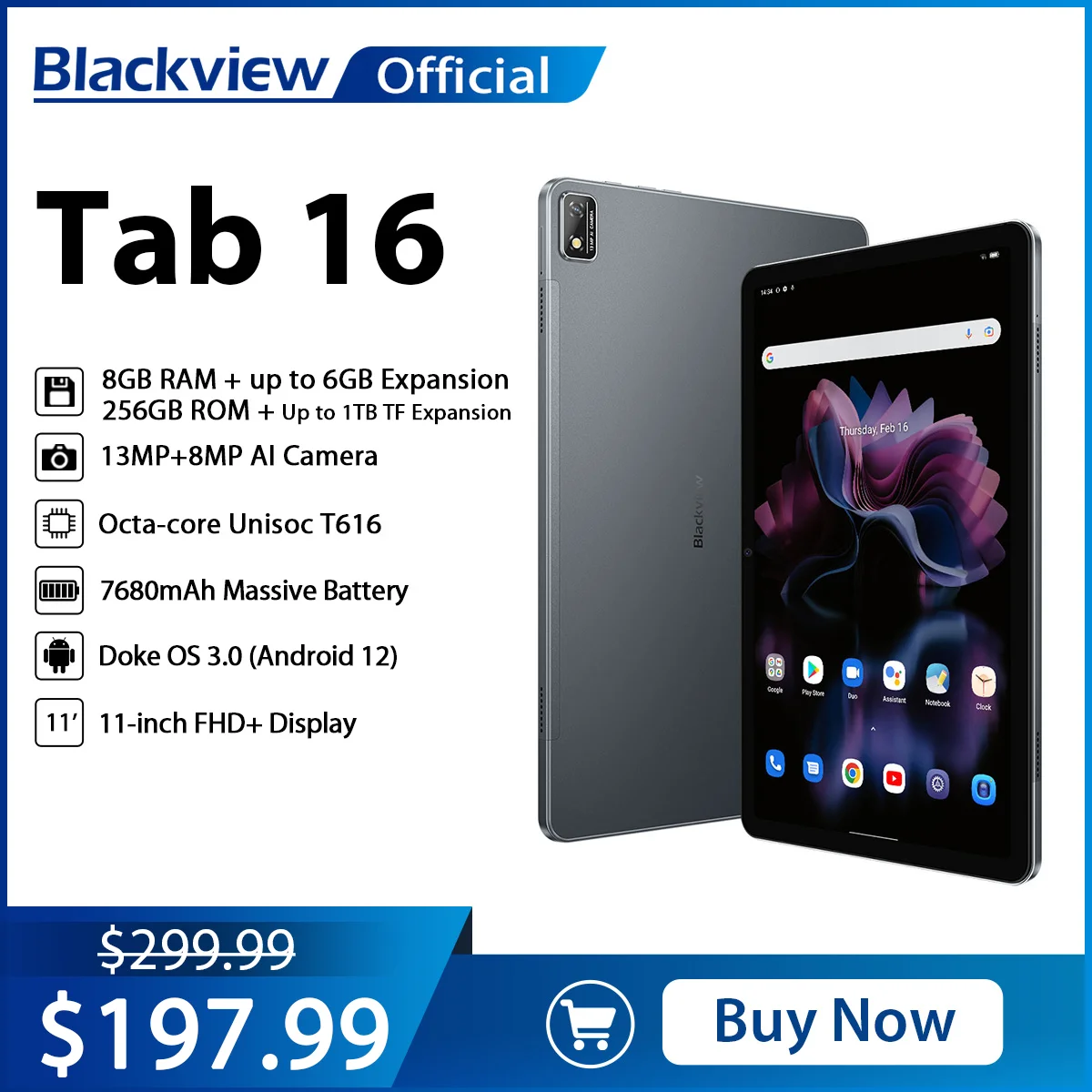 Blackview Tab 16 Tablet 11'' 2K FHD+ Display Pad Android 12 T616 Widevine L1 8GB 256GB 7680mAh 13MP Camera Dual 4G Tablets PC