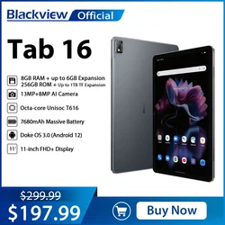 Blackview-Tableta Tab 16 de 11 pulgadas, Tablet PC con pantalla 2K FHD, Android 12, T616, Widevine L1, 8GB, 256GB, 7680mAh, cámara de 13MP, 4G Dual