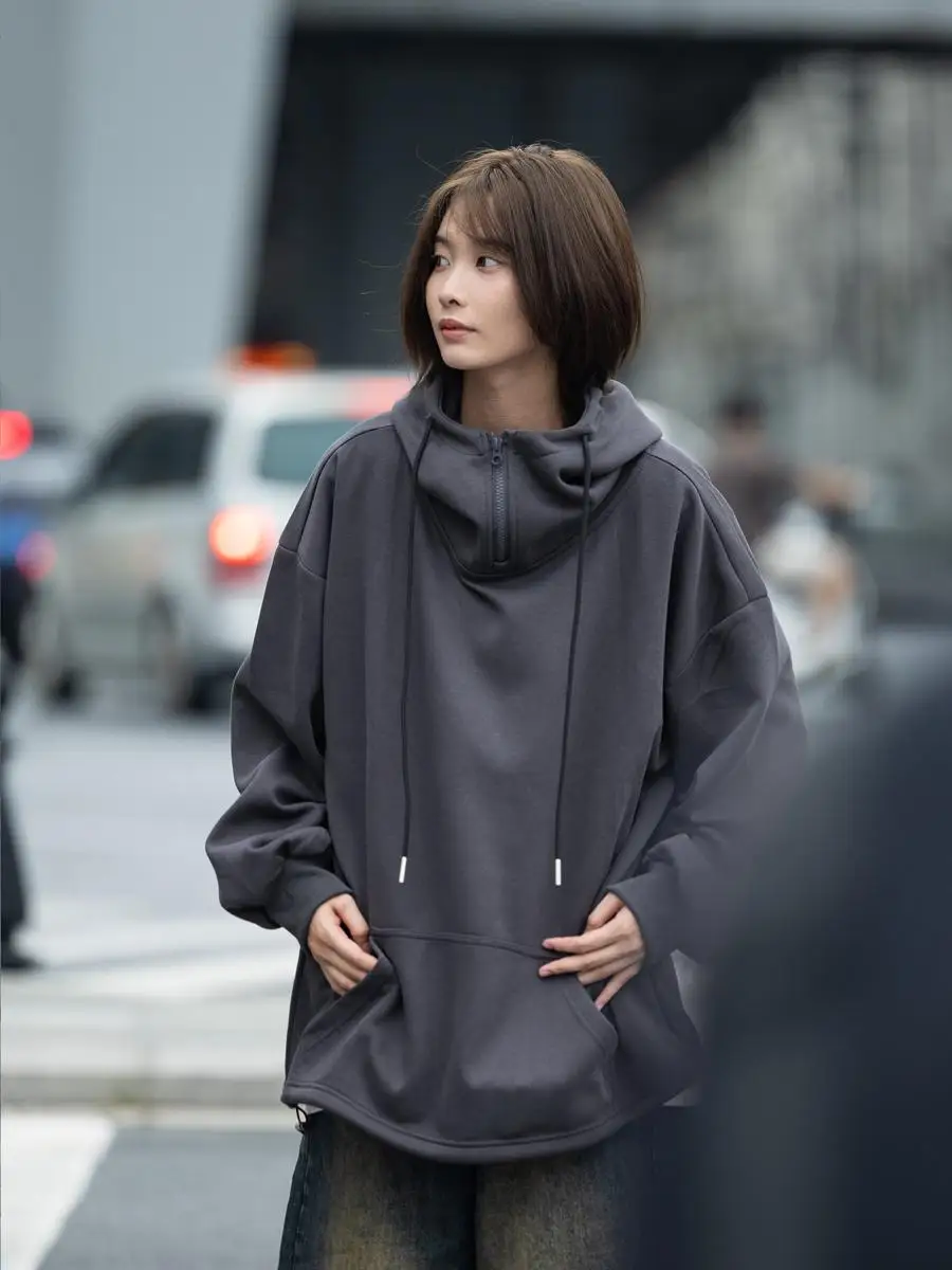 Retro Japanese Sle Hoodie Sweatirt ex Lazy Sle Casual Outerwear with Kangaroo ket Trendy  Color Zipper