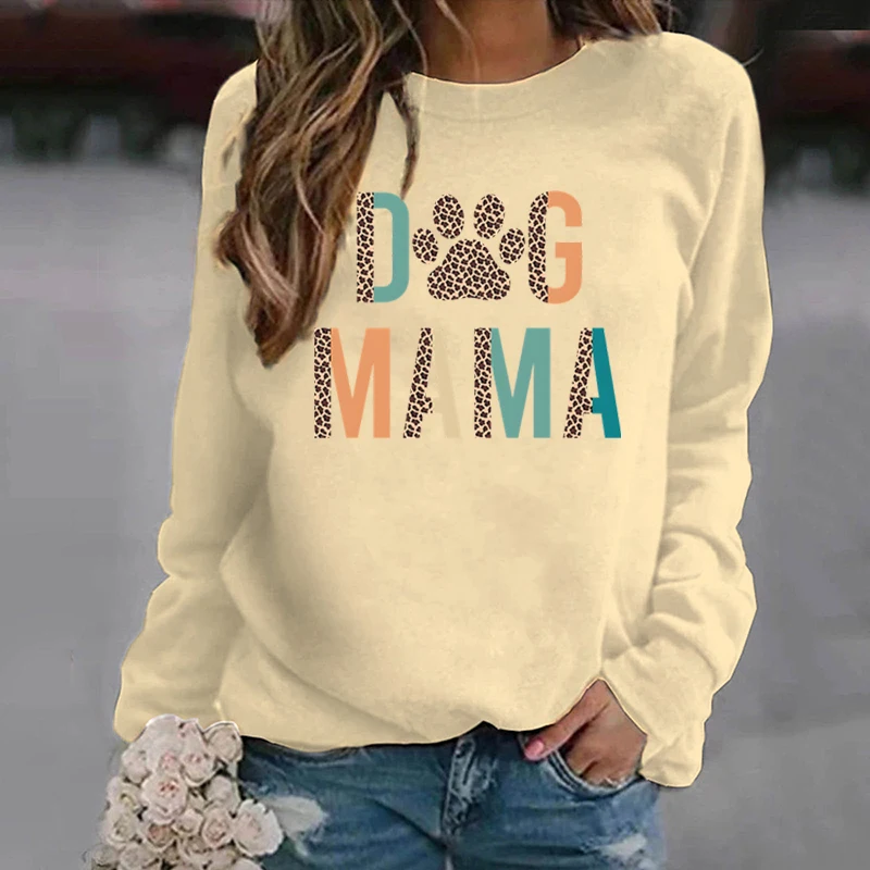 Women Fashion Leopard Dog Mama Dog Paw Print Round Neck Pullovers Casual Sport Outdoor Long Sleeves Ladies Hoodeless Sweatshirts