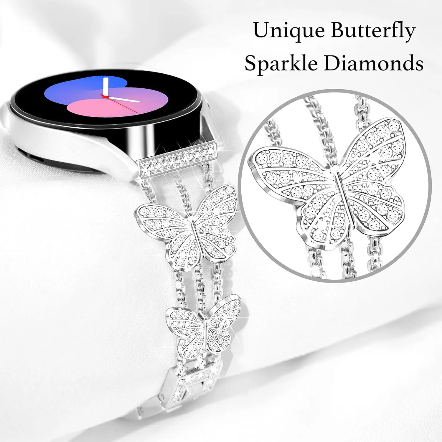 22mm Butterfly Watch Strap For Samsung Galaxy Watch 3 45mm 46mm Gear S3 Stainless Steel Watchband Fashion Rhinestone Bling Band