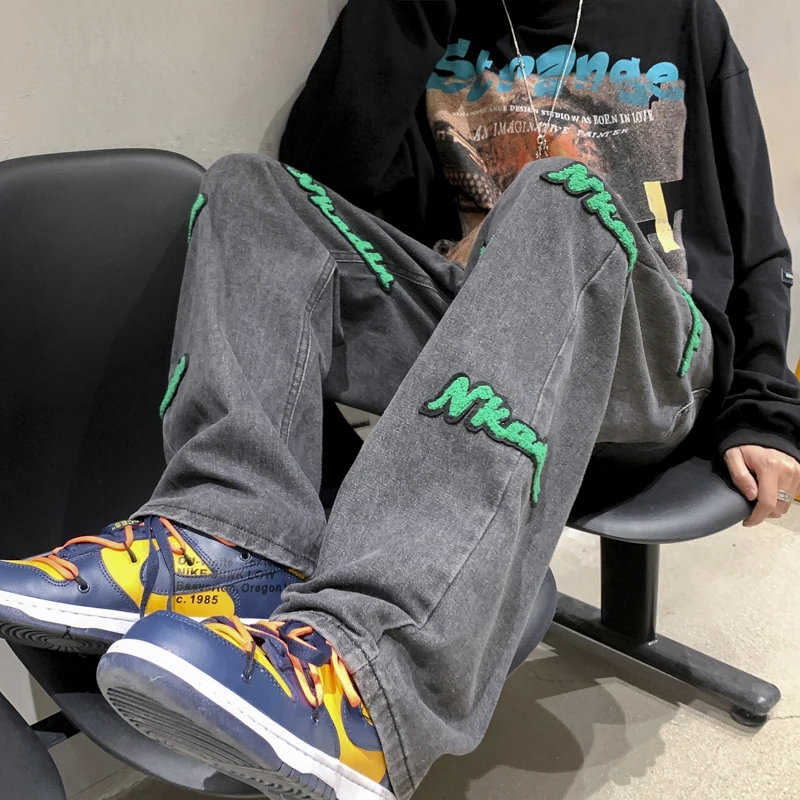 

Street Style Flocking Embroidery Jeans Loose Straight Leg Men's Trendy Brand Hip Hop Drawstring Wide Leg Dad Pants