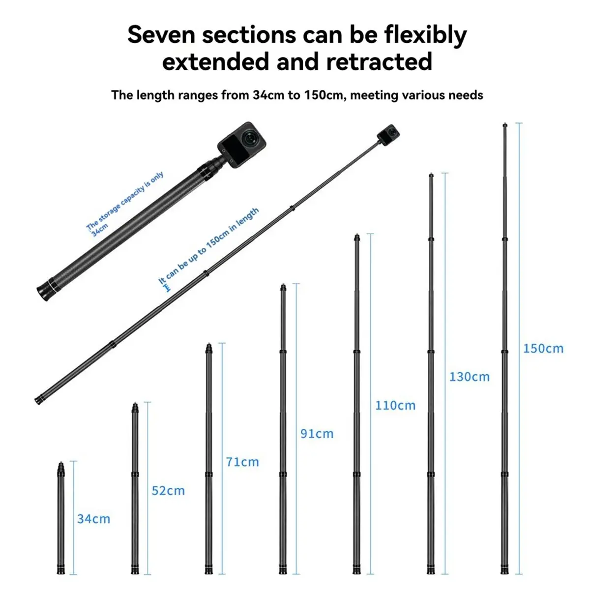 belong 1.5M Extendable Invisible Carbon Fiber Monopod Selfie Stick 360 BallHead for DJI Osmo 360 Insta360 X5 GoPro Camera B