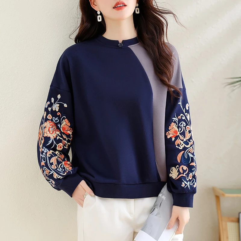 Felpa con ricamo pesante patchwork retrò cinese Sle plus Size Top rotondo casual da donna per sorella grassoccia