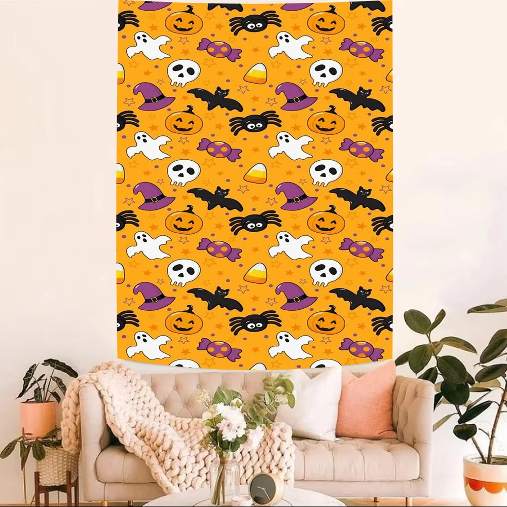 1pc Cute Cartoon Halloween Tapestry Pumpkin Ghost Spider Bat Print Wall Hanging Cool Room Stuff Kids Room Dorm Halloween Party