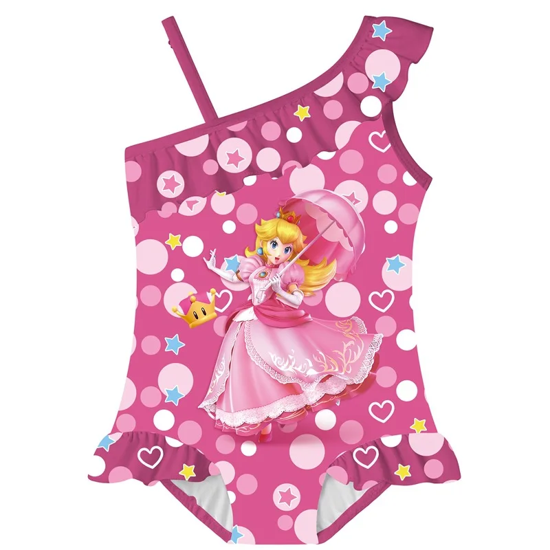 Bañador de princesa melocotón para niños, traje de baño de una pieza con estampado de dibujos animados, traje de baño con volantes, ropa de playa