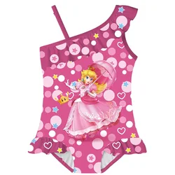 Bañador de princesa melocotón para niños, traje de baño de una pieza con estampado de dibujos animados, traje de baño con volantes, ropa de playa para vacaciones