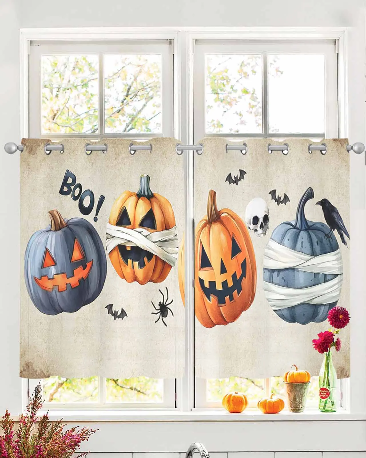 

2pcs/set Tulle Window Curtains Halloween Pumpkin BOO Bat for Living Room Bedroom Transparent Chiffon Sheer Voile Window Curtain