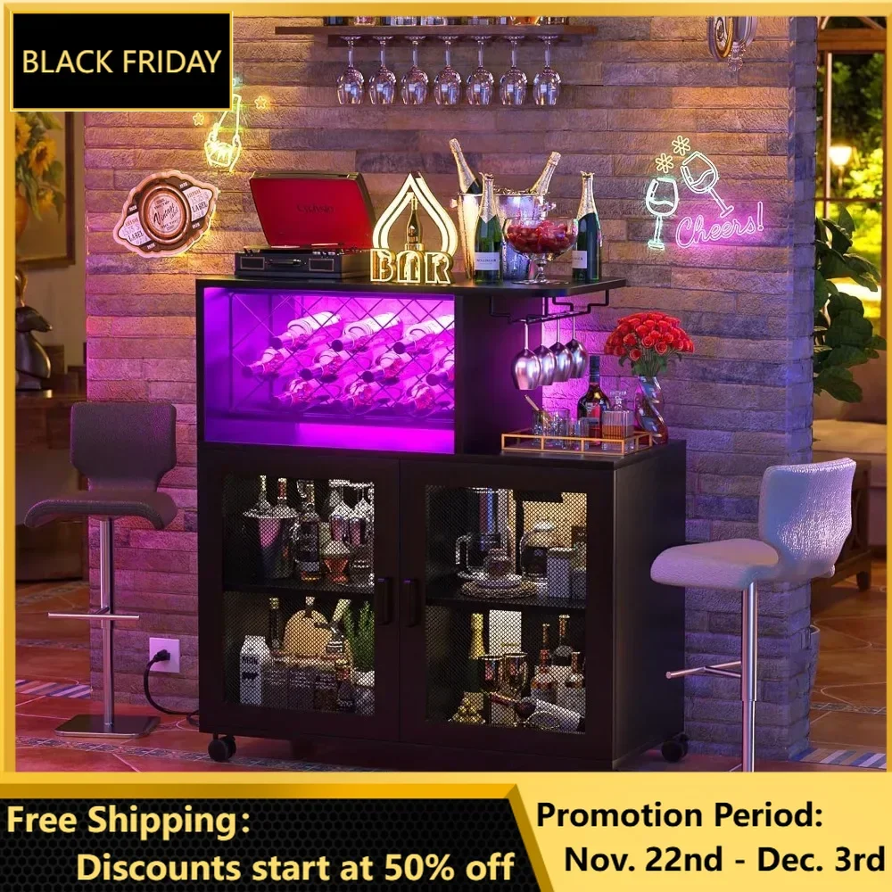 Bar Cabinet, Small Liquor Cabinet with LED Light, Home Bar Cart with Power Outlets, Coffee with Wine Rack, Bar Cabinet