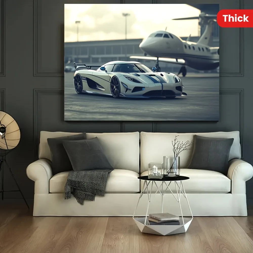 

Modern white car canvas wall art - framed, cool vehicle print, 1.5 inch thick pine solid wood frame
