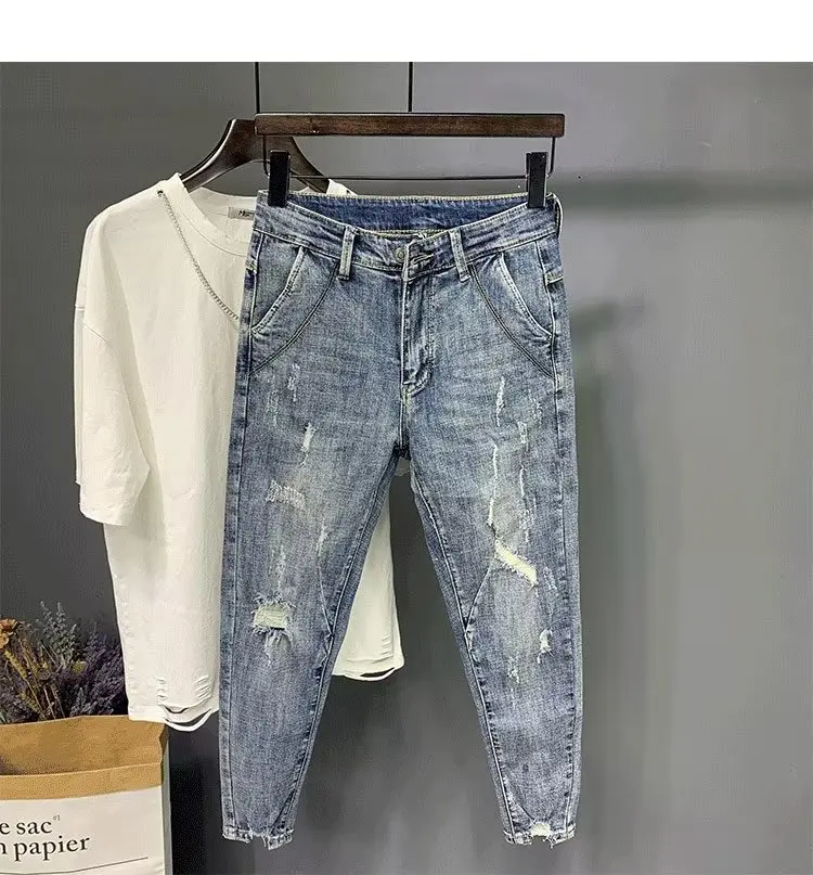 

Мужские модные потертые джинсы с высокой талией, прямые, укороченные, в американском уличном стиле, летние, хип-хоп, рваные брюки