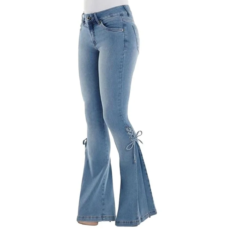 Women Lace Up Bow Long Wide Leg Flare Jeans 2024 Vintage Classic Denim Pants High Waist Solid Stretch Jean Trousers for Female
