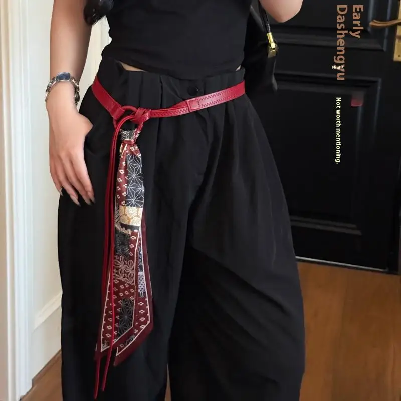 (BF06)Y2k Punk Girl Scarf Waist Belt Retro Pu Leather Women Belt Bohemian Style Silk Waist Rope Trendy Jean Dress Decorative