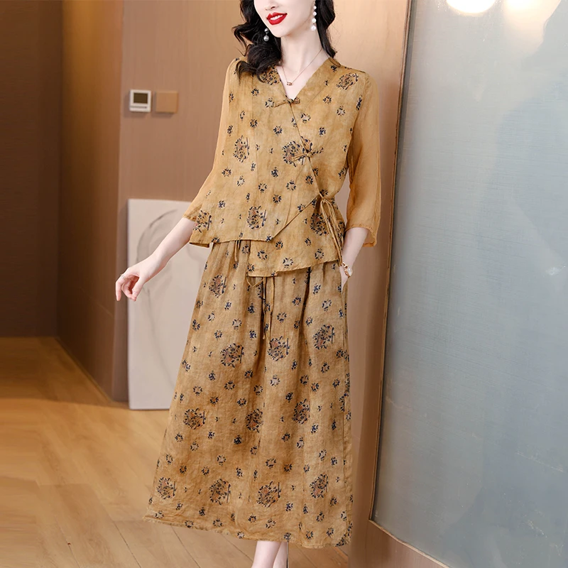 2023 Summer Cotton and Hemp Vintage Printed Long Dress Two Piece Set Lace Up Loose Lace Panel Short Sleeve Top Women\'s Dress Set