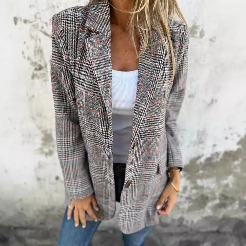 Retro Suit Coat Houndstooth Print Lapel Suit Coat with Flap Pockets for Women Single-breasted Business Outwear Loose Fit Style