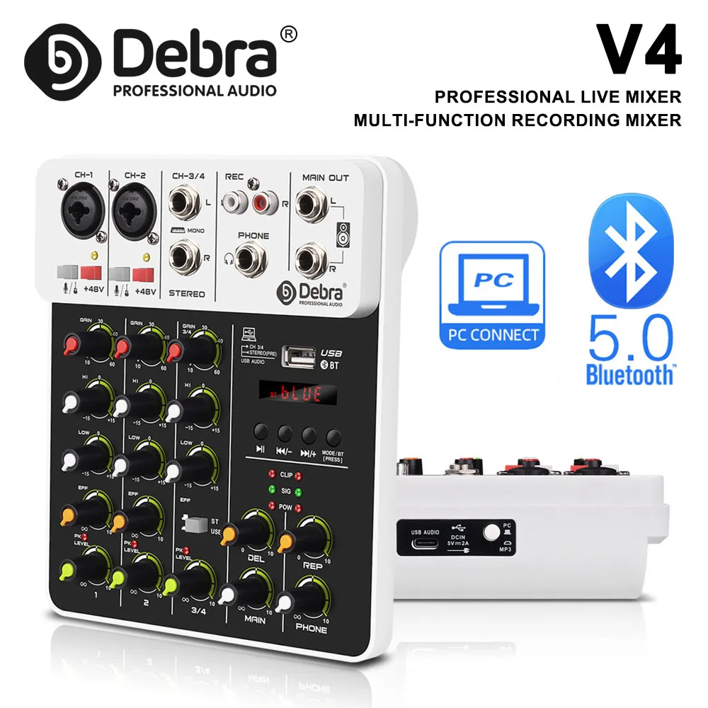 Debra V4 4-Channel Audio Mixer DJ Controller Mix Bluetooth Phantom Power Delayed Replay Effect for Mixing Consoles PC Recording