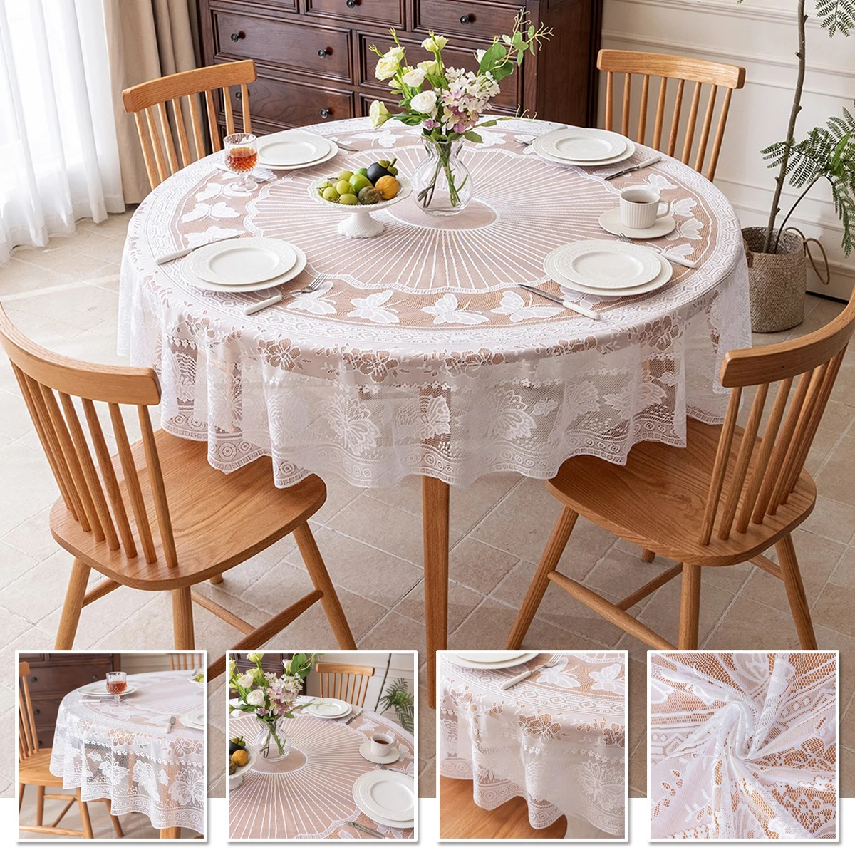 

White Countryside Lace Tablecloth Round Mirror Flower Vine Pattern Living Room, Coffee Table, Dining Table Decoration Tablecloth