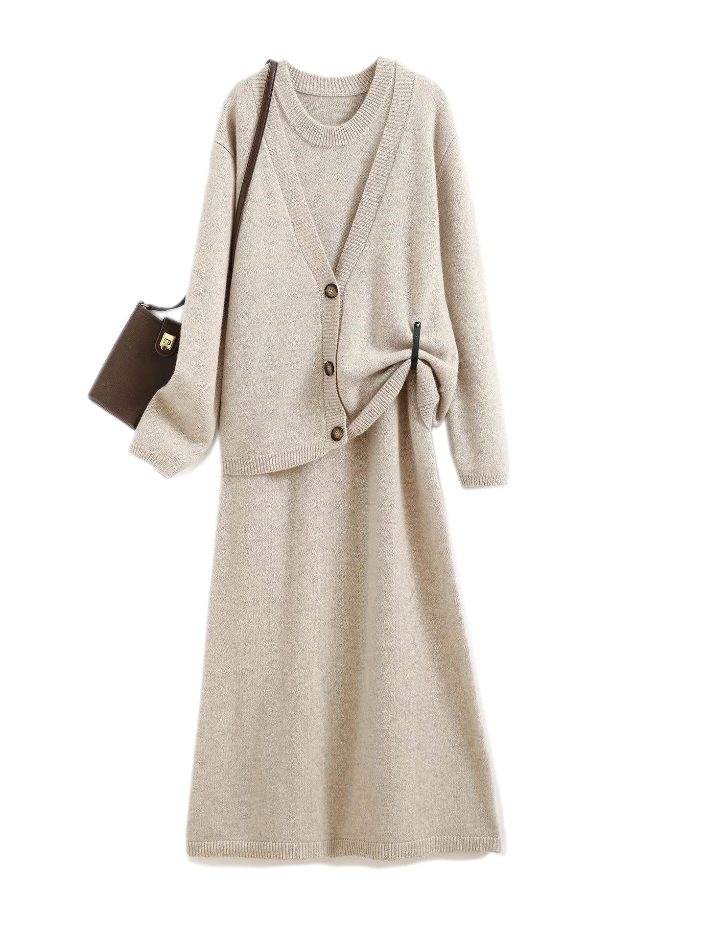 

Chic Autumn Winter Women's Dress V-Neck Cardigan Sweater Two Pieces Set Warm Soft 100% Merino Wool Casual Loose Knitted Suits