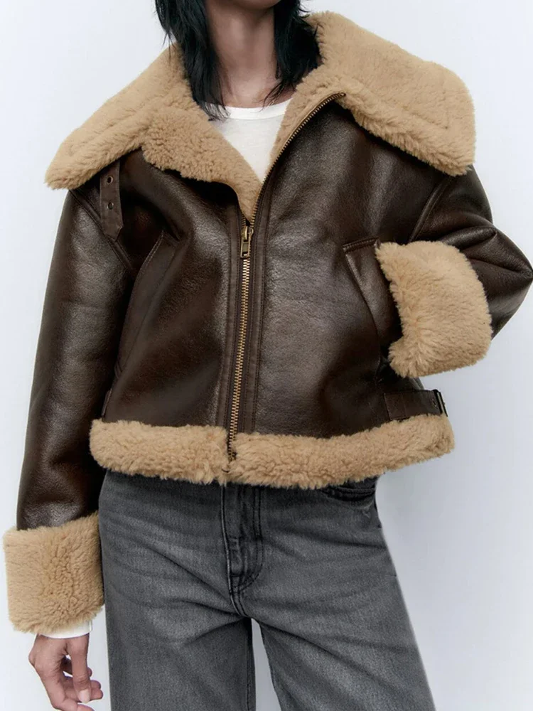 Faux Leather Fur Jacket Female Coat Thick Warmth Streetwear Zipper Overcoat Loose Fit Vintage Outwear Autumn Winter Temperament