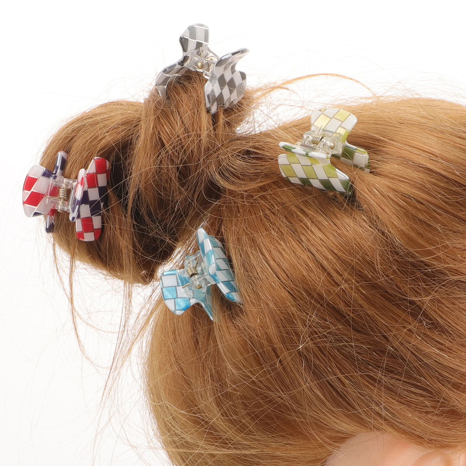 

4pcs Acrylic Claw Clips Mini Non-Slip Clamps Stylish Women Chess Pattern Accessories For Bun Curly Wavy Hair Travel Shopping