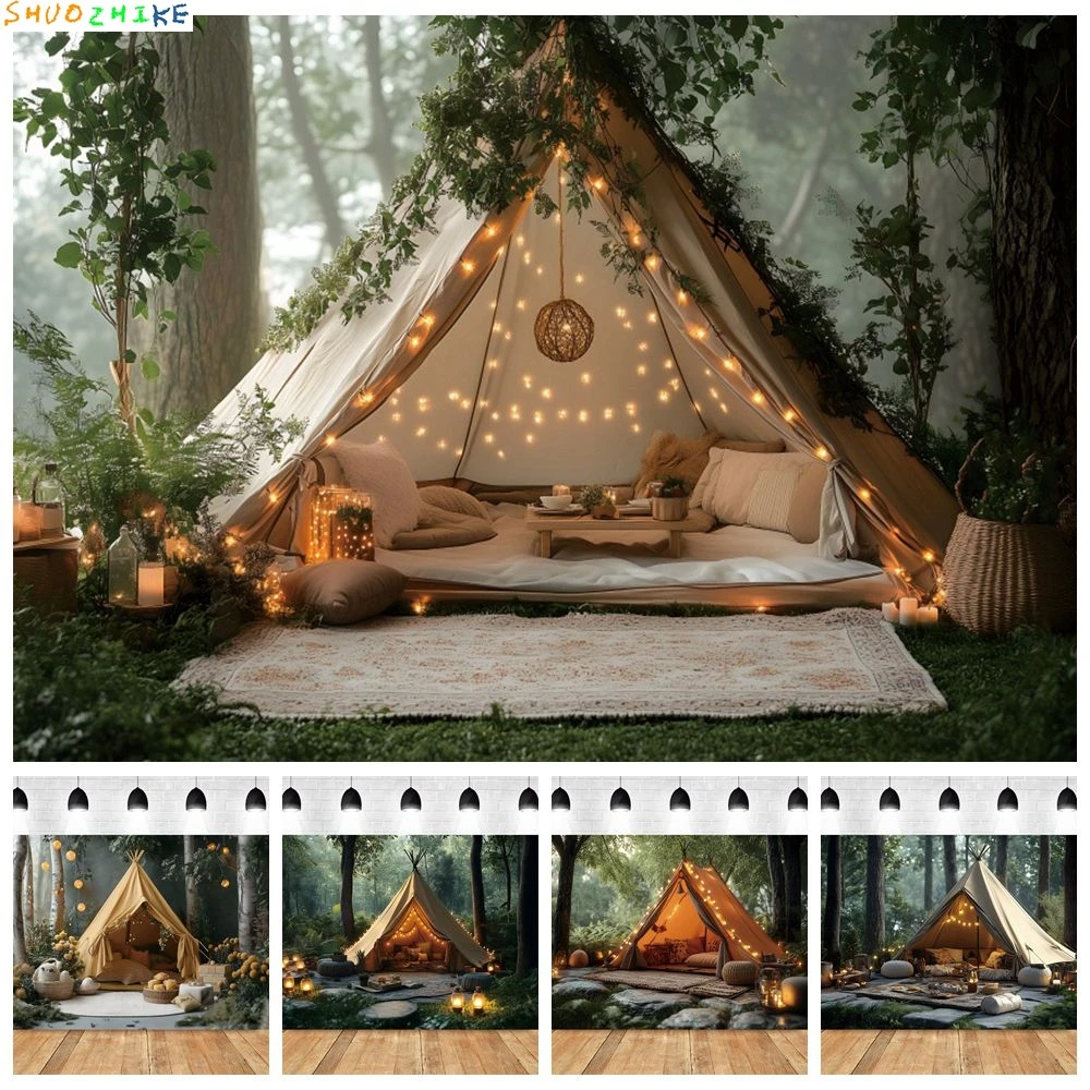 

Spring Camping Forest Tent Backdrop for Phtography Outdoor Birthday Party Holiday Travel Photocall Background Decor Photo Studio