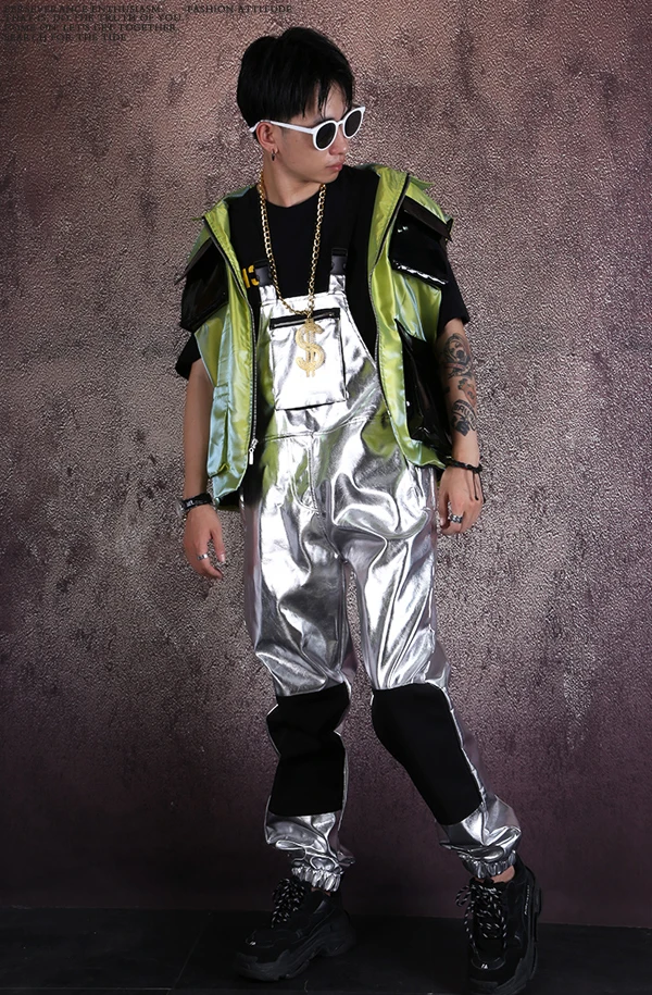 Fashion GOGO Dance DJ Costume Adult Male Hip Hop Dance Costume Silver Overall Men Hip Hop Pant Nightclub American Clothing