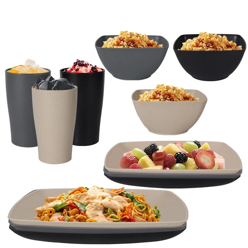 

16 Pieces of Non Fragile Meal Plates, Wheat Straw Dishes, Tableware Set, Microwave Dishwasher, Safe, Reusable Tableware