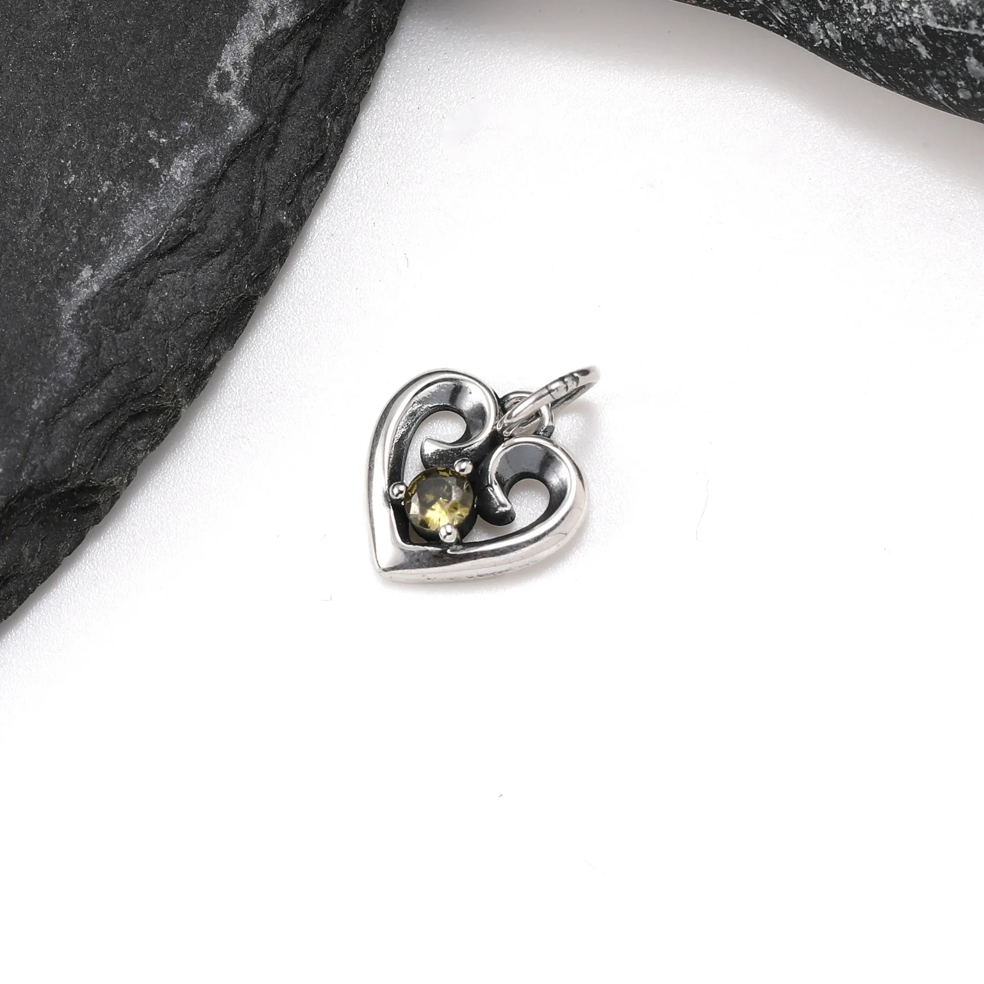 Vintage Silver Hollow Heart Birthstone Crystal Charms Pendants Fit Bracelet Necklace Women DIY Hand‑made Jewelry 5