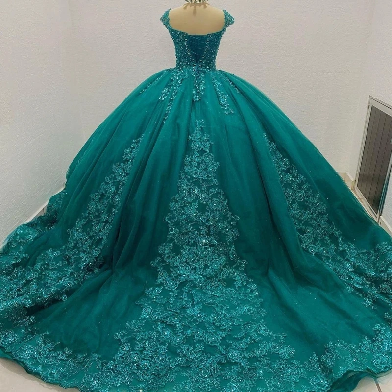 Vestidos de quinceañera de princesa azul azulado 2023, apliques de cuentas, corsé con cordones, cola, para baile de graduación, 15 quinceañera