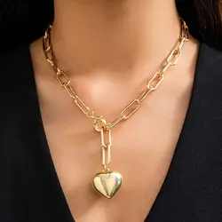 Punk Trendy Love Heart Pendant Necklace for Women Hip Hop Gothic Gold Color Metal Thick Chain Chokers Y2K Party Jewelry 2024 New
