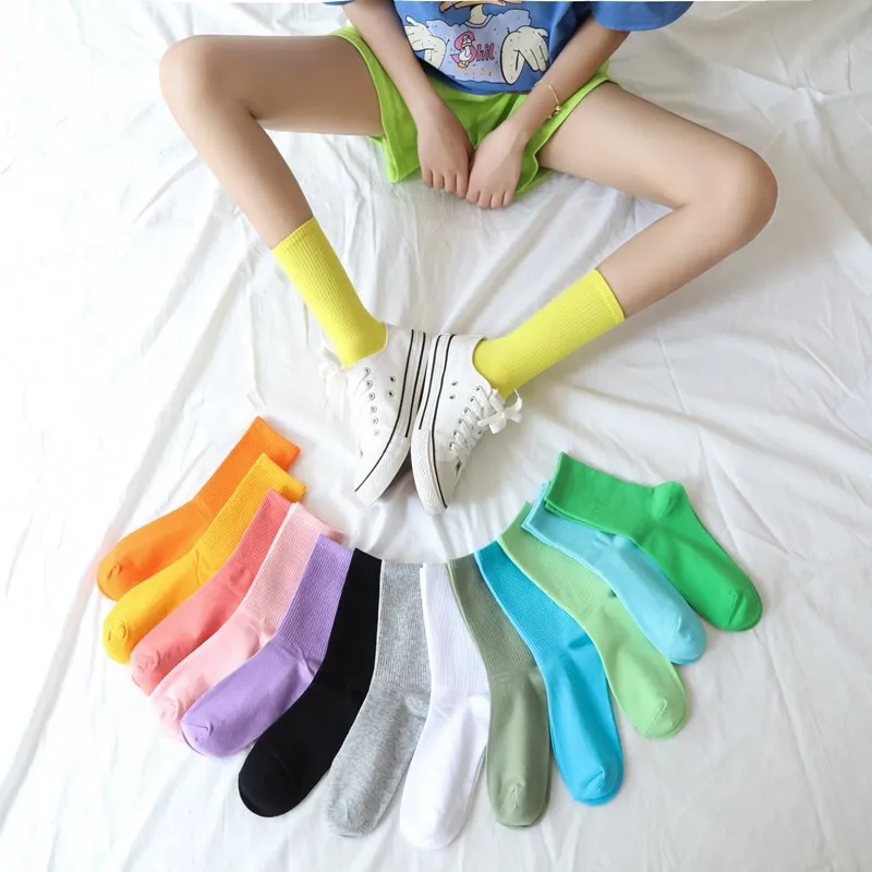 

Candy color Women Socks Japanese Korea High School Girls High Socks Loose Solid Colors Double Needles Knitting Cotton Long Socks