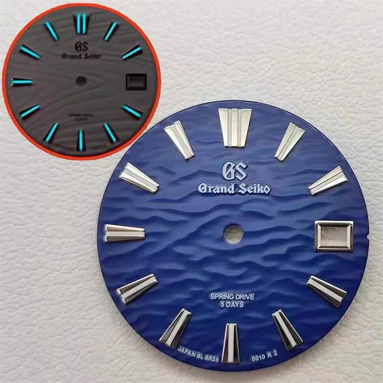28,5 mm NH35 wijzerplaat/NH36 wijzerplaat blauwgroen lichtgevend S-logo golvend patroon mechanisch horloge BGW9 voor seiko mod