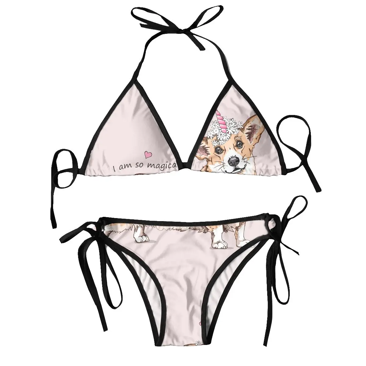 

Women Triangle Swimsuit Lace-up Bikini Set Sexy Halter Swimwear Pushup Welsh Corgi Dog With Pink Unicorn Horn Chamomile Flowers