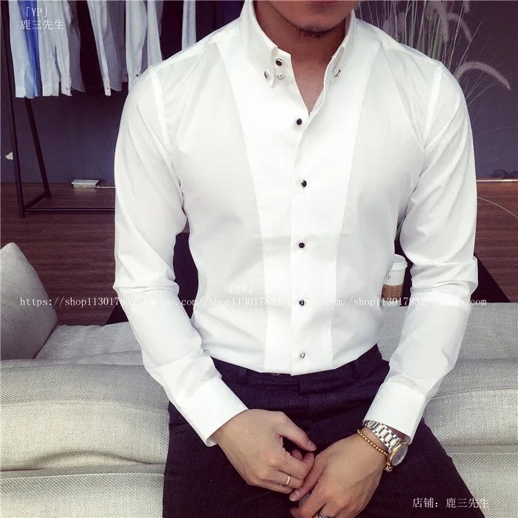 High-End Autumn French Cuffs White Long-Sleeved Cuff Shirt Wedding Business Formal Wear Non-Ironing Shirt Top Men's Fashion