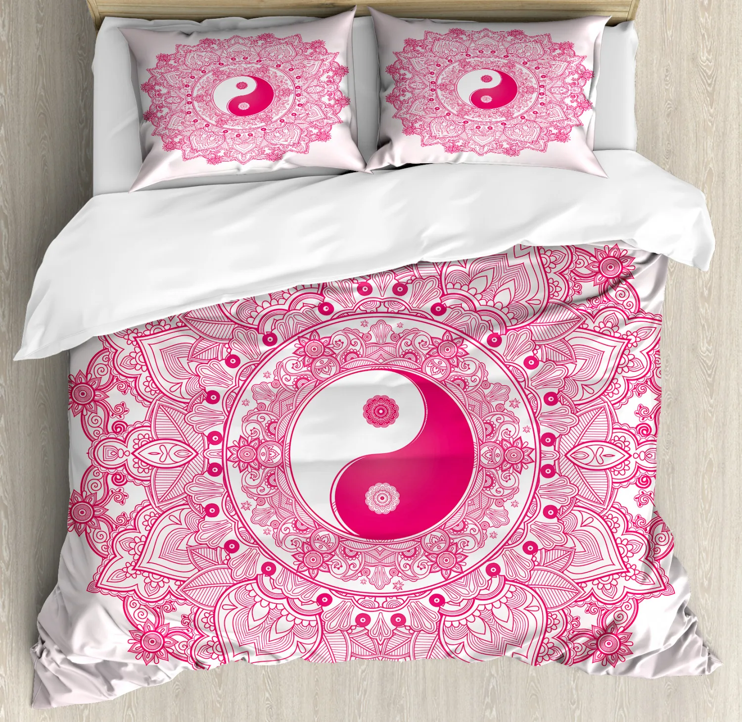 Yin Yang King/Queen Size Duvet Cover Boho Chinese Style Abstract Circle Design with Yin Yang Symbol Polyester Quilt Cover Red