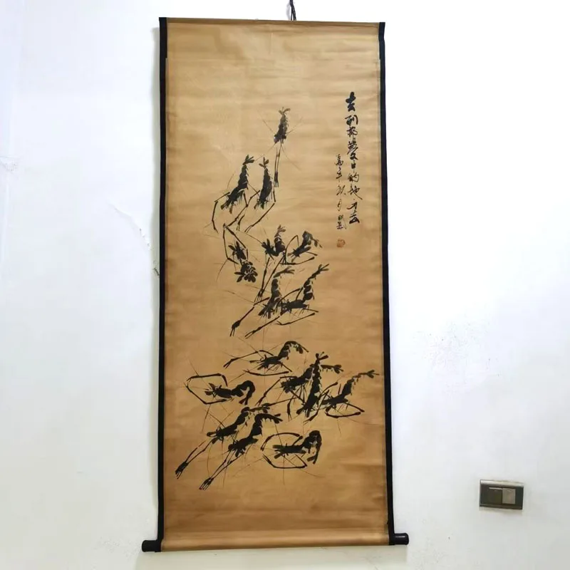 

Exquisite Chinese Antique collection Imitation ancient Qi Baishi shrimp picture Home living room decorative painting gifts