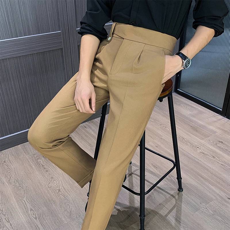

High Waist Men Suit Pants Fashion Drape Straight Men's Office Trousers Full Length Business Casual Mens Dress Pants Slim Fit 38