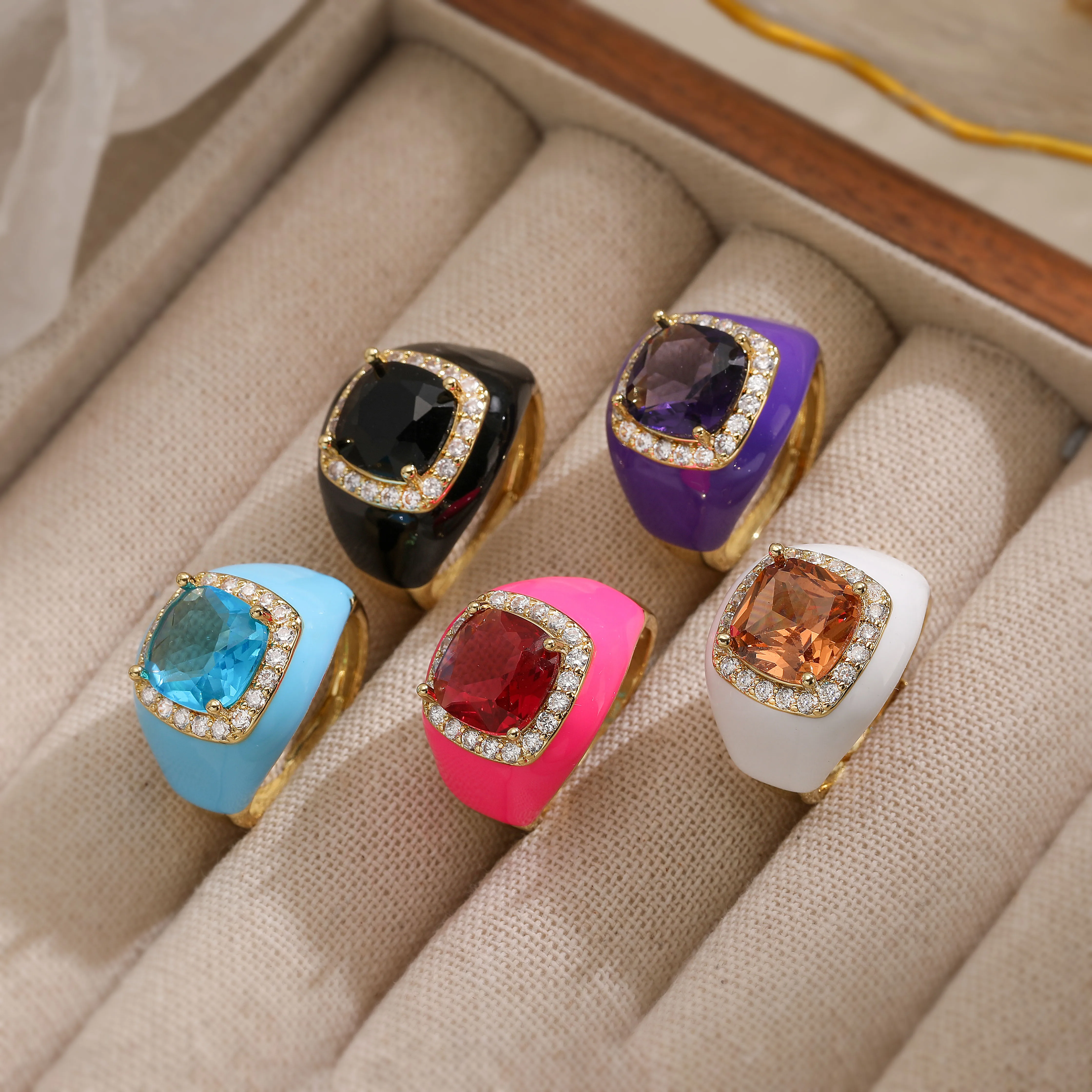 18K Gold-Plated Brass Enamel Princess-Cut Large Zirconia Ring for Women Luxury Color Gemstone Micro-Set Adjustable Ring