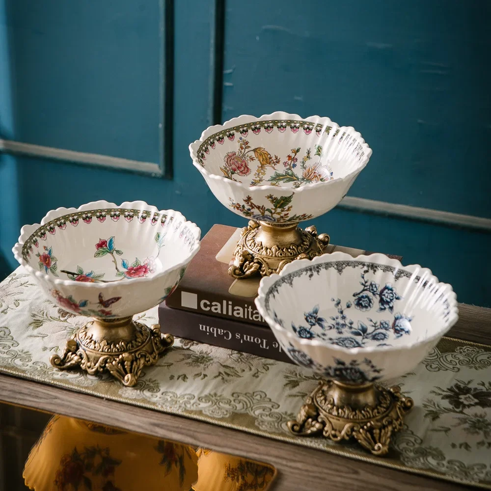 European Retro Ceramic Fruit Plate with Resin base Living Room Home High Footed Bowl Dried Fruit Plate Decoration Ornament