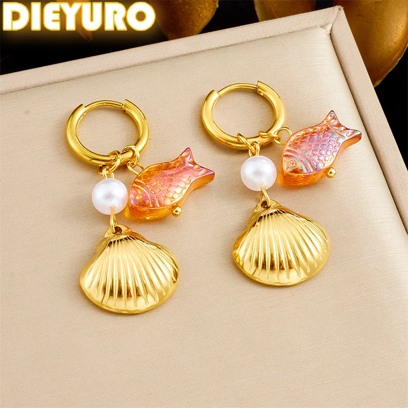 

DIEYURO 316L Stainless Steel Colored Fish Scallop Pearl Earrings For Women New Fashion Waterproof Ear Studs Jewelry Party Gift ﻿