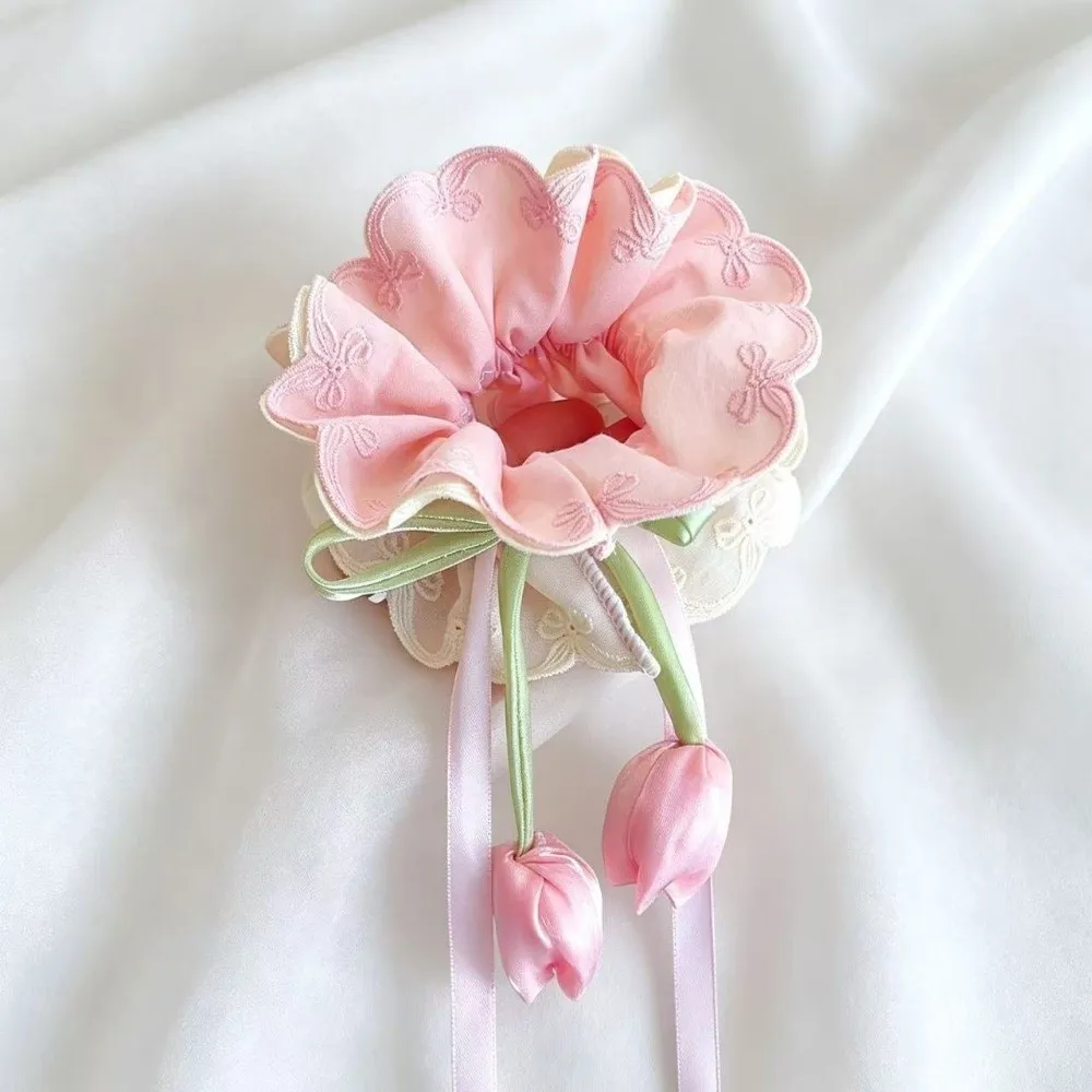 Flower Hair Rope Floral Tulip Hair Scrunchie Sweet-style Multicolor Ribbon Hair Tie Handmade-feel Lightweight Bun Maker Party