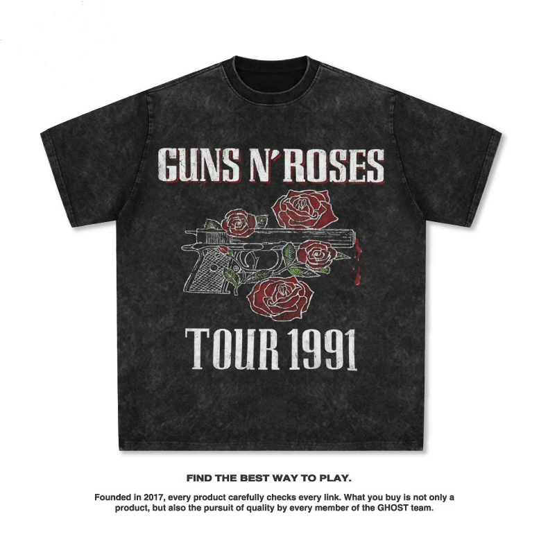 

Пистолеты рок-группы 2025 года, розы, американский уличный хип-хоп, модный бренд, ретро-принт, выдержанная стирка с короткими рукавами